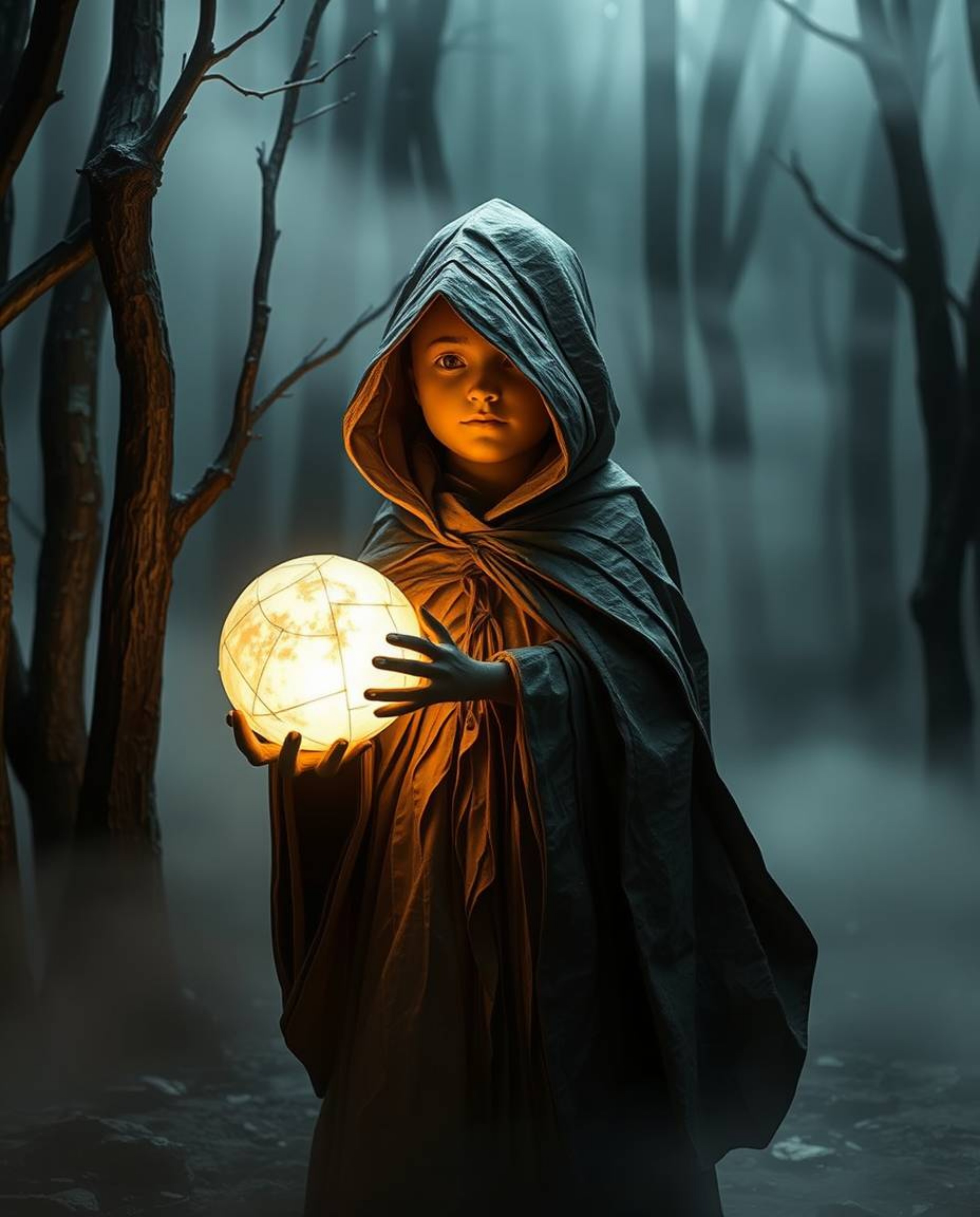 A cloaked figure stands silhouetted against a misty forest backdrop, cradling a softly glowing orb. This image evokes a sense