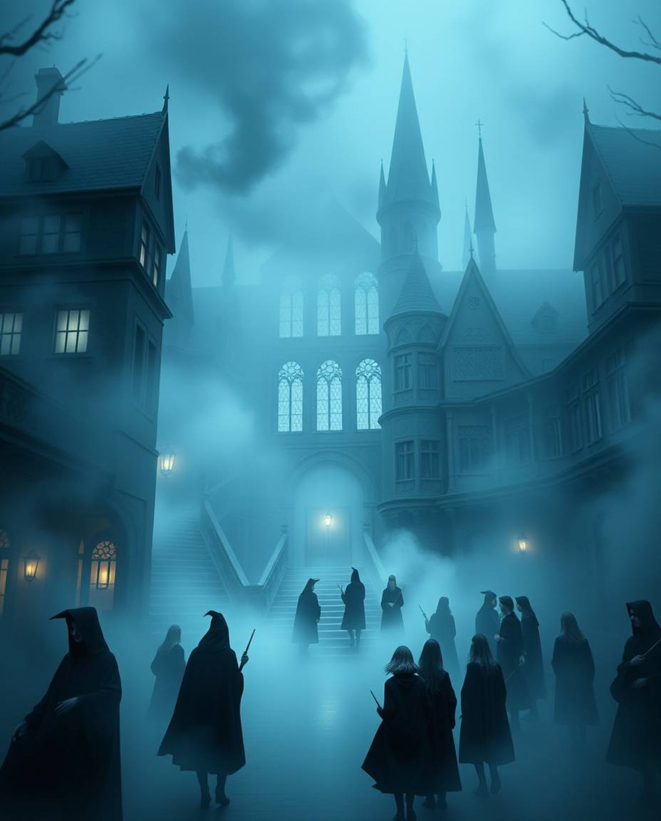Explore a magical school teeming with young wizards, portrayed with grace and elegance. Thick fog envelops the academy, reduc