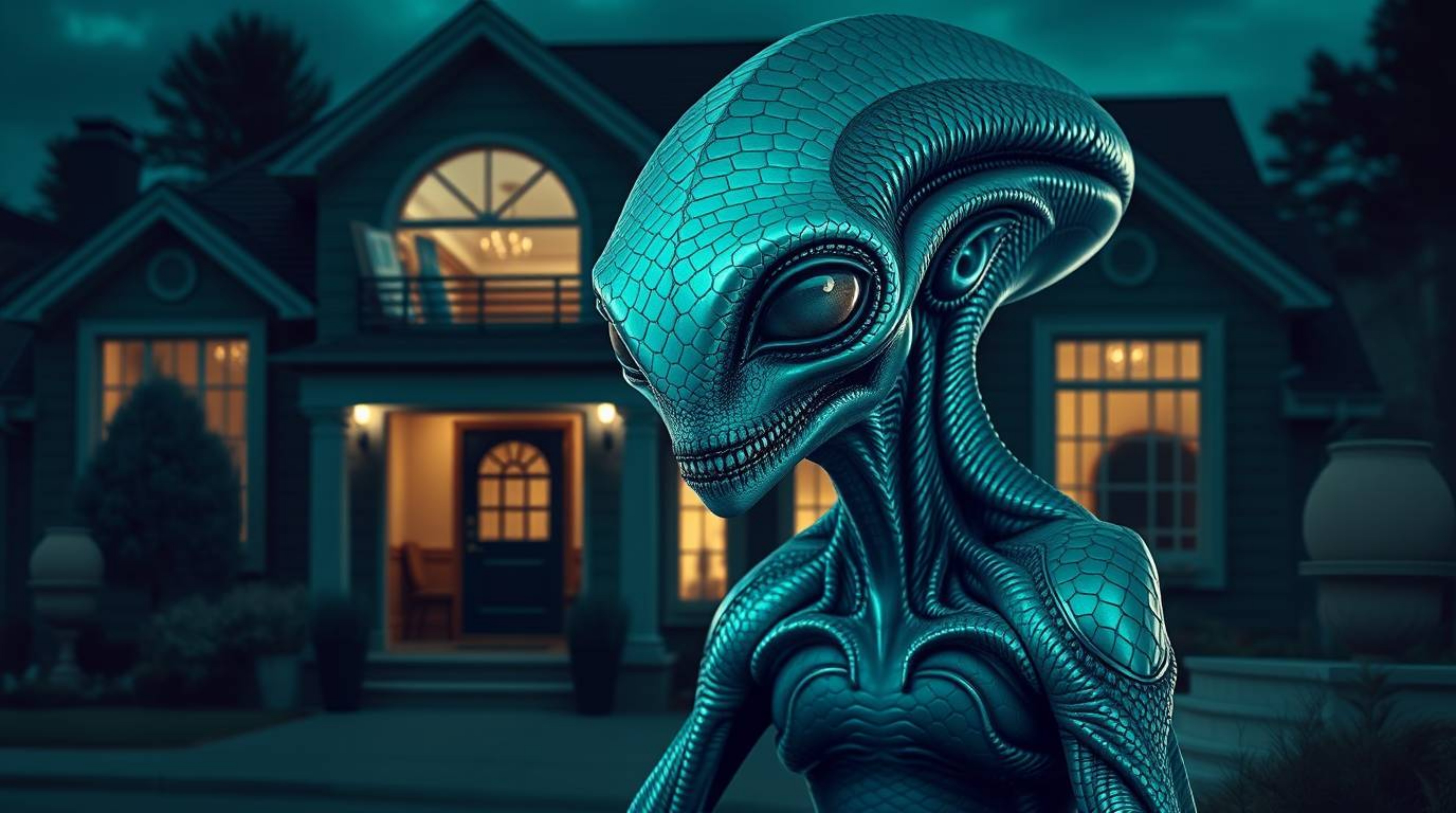 Discover a captivating image of an alien with shimmering teal scales residing in an elegant suburban home.  The scene is rich