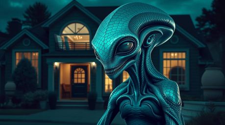 Discover a captivating image of an alien with shimmering teal scales residing in an elegant suburban home.  The scene is rich