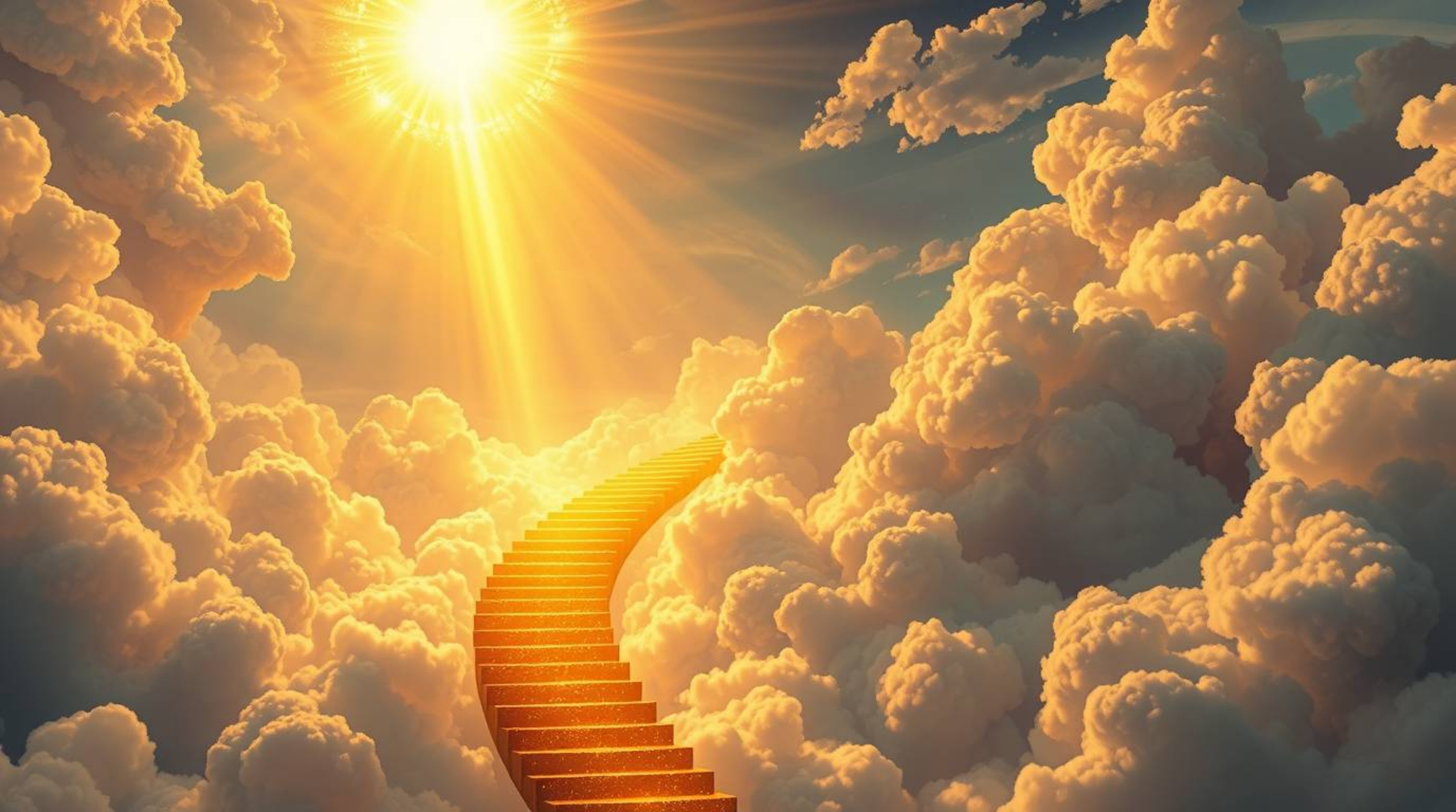 A breathtaking surreal digital painting depicts a golden staircase ascending through ethereal clouds towards a radiant heaven