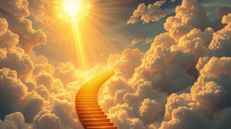 A breathtaking surreal digital painting depicts a golden staircase ascending through ethereal clouds towards a radiant heaven