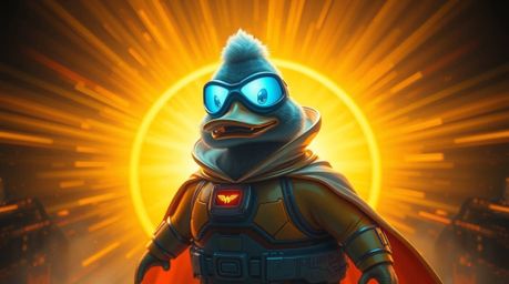 A superhero duck, resplendent in a zany costume, basks in a warm, golden glow, embodying a futuristic sci-fi aesthetic with a