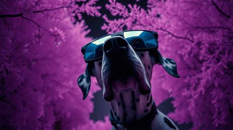 Experience a surreal journey with a high-tech Dalmatian detective in this captivating image.  Shot from a low angle with dram