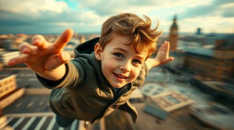A captivating image of a young boy soaring above London, sprinkled with pixie dust.  This dynamic, editorial-style photograph