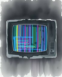 A captivating watercolor painting depicts an eerie TV screen glitch, rendered in a retro style with striking RGB separation. 