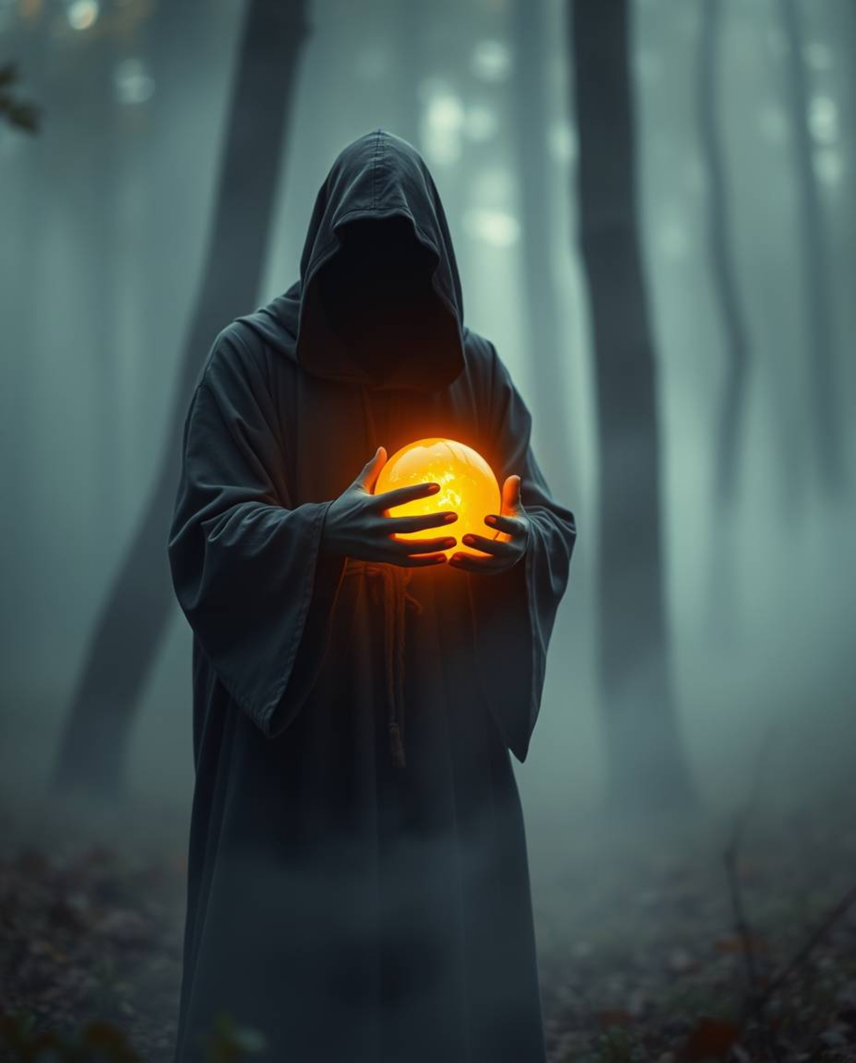 A captivating image featuring a cloaked figure in a misty forest, their hand holding a glowing orb that radiates vibrant colo