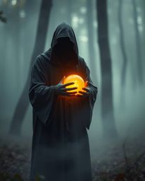 A captivating image featuring a cloaked figure in a misty forest, their hand holding a glowing orb that radiates vibrant colo