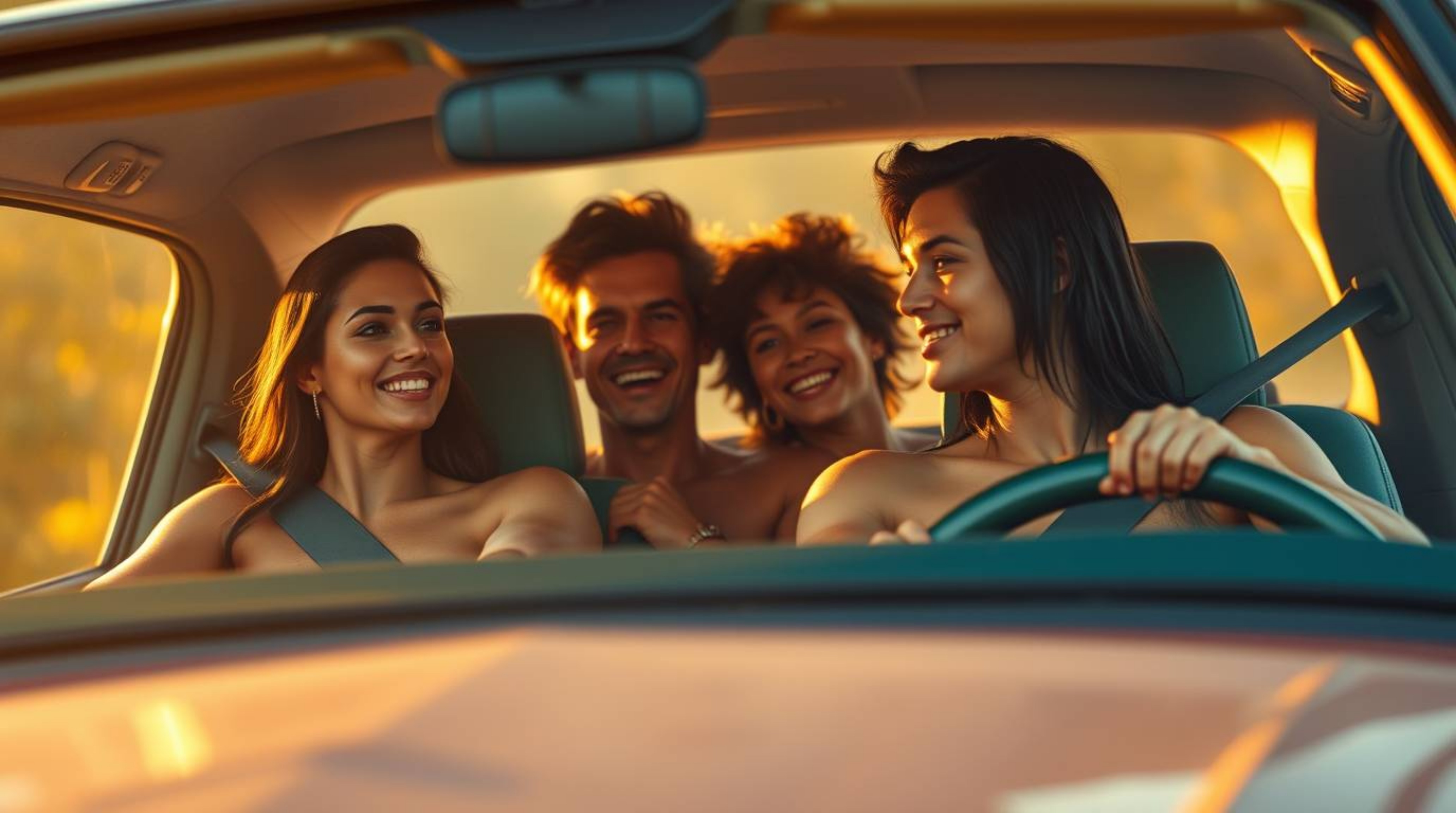 Experience a captivating scene of a prehistoric family enjoying a luxurious ride in their dinosaur car. Bathed in the warm gl