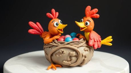 This vibrant and energetic sculptural clay art depicts two cartoon birds diligently building a nest in a style reminiscent of