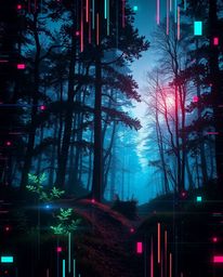 A captivating blend of nature and technology, this image showcases a futuristic sci-fi forest scene disrupted by a digital gl