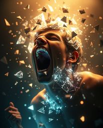 A captivating image depicting a person screaming as their world disintegrates into a mesmerizing pixelated origami landscape.