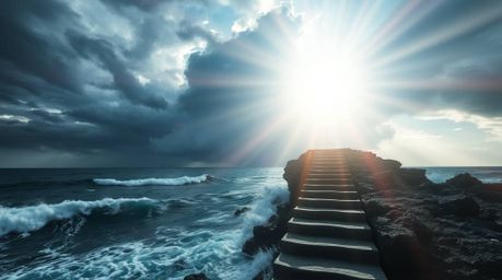 A breathtaking image depicts a dramatic ocean staircase ascending towards a stormy sky illuminated by a vibrant sunburst.  Th