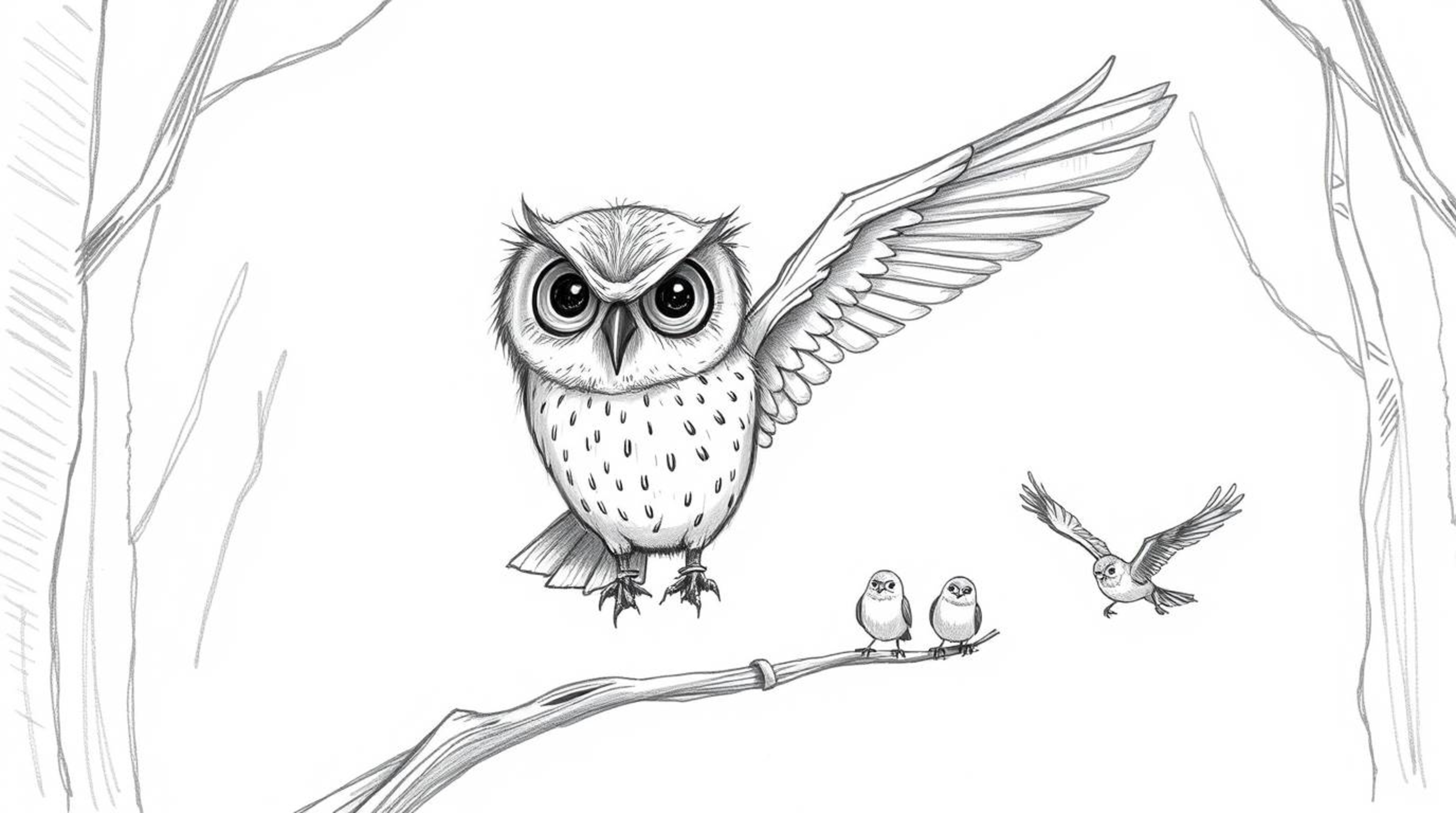 A charming hand-drawn pencil sketch depicts a blind owl with expressive eyes, patiently guiding a flock of birds in flight.  
