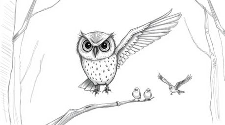 A charming hand-drawn pencil sketch depicts a blind owl with expressive eyes, patiently guiding a flock of birds in flight.  