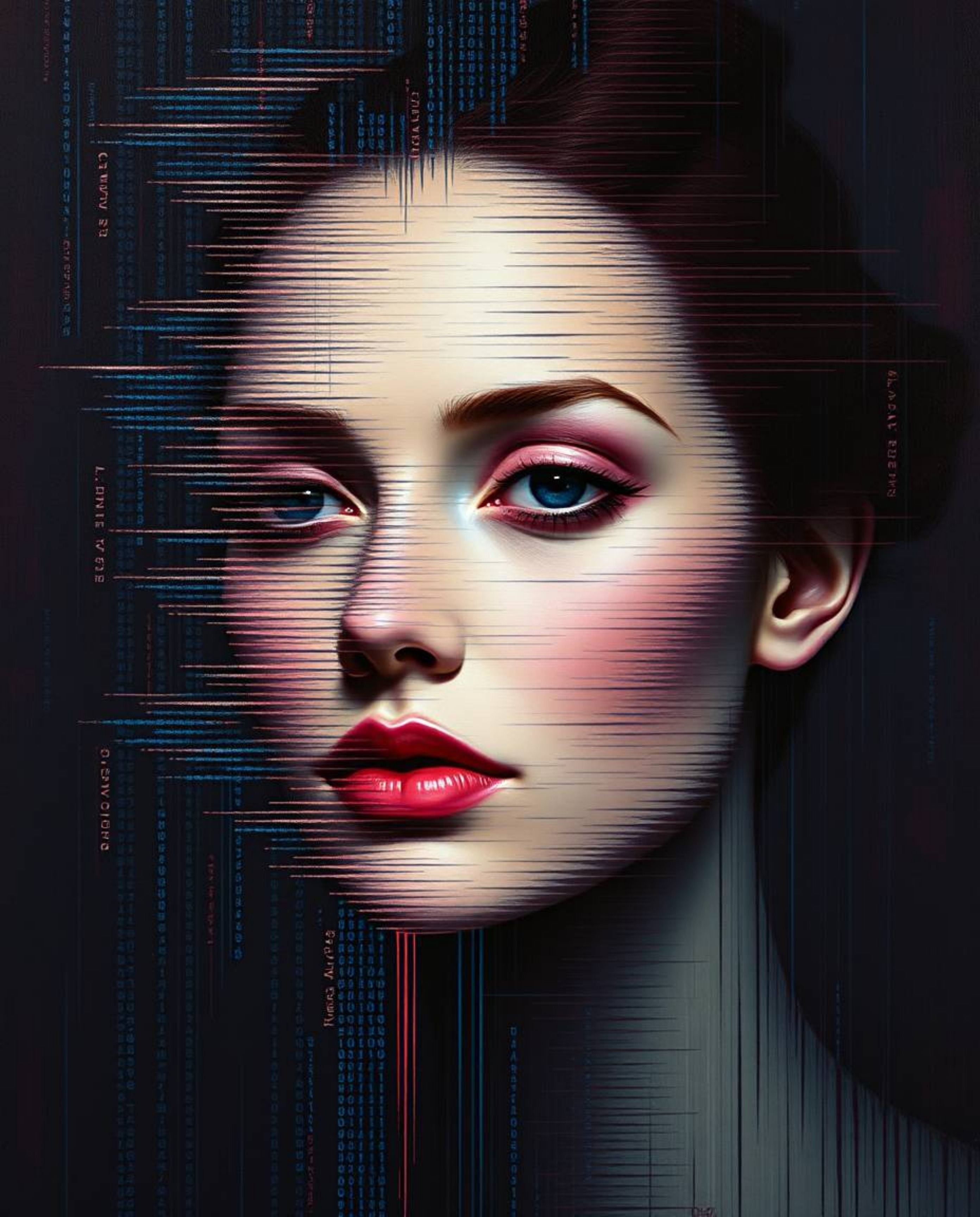 A captivating digital artwork depicts a human face transformed into a flowing data stream, rendered in the style of a classic