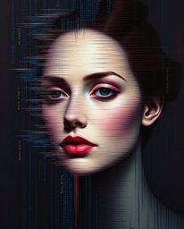A captivating digital artwork depicts a human face transformed into a flowing data stream, rendered in the style of a classic