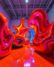 A dynamic low-angle perspective showcases bright, vibrant colors illuminating sculptural 3D fluid mercury shapes with reflect