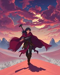 Embark on a thrilling desert adventure with a brave hero, depicted in a vibrant Isekai anime style reminiscent of Disney's en
