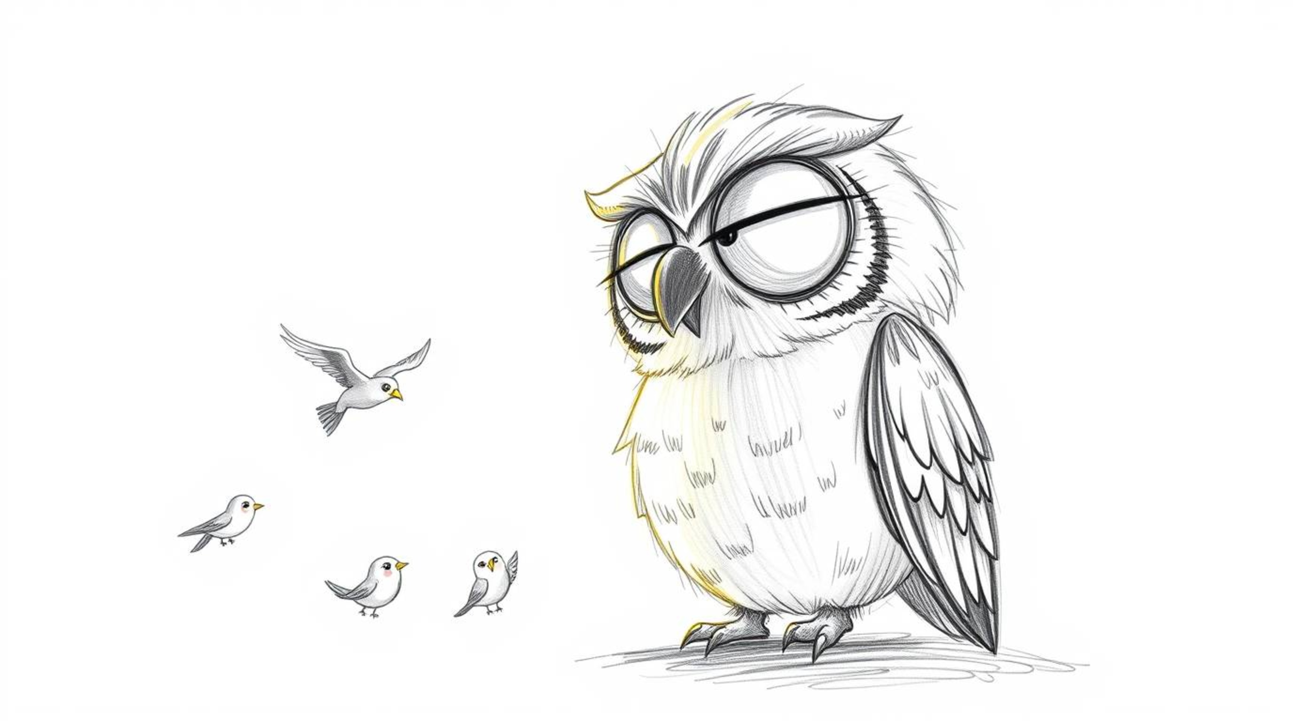 A heartwarming hand-drawn sketch in Pixar style depicts a blind owl with large, gentle eyes teaching several small birds how 