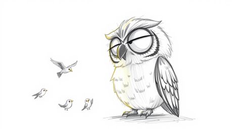 A heartwarming hand-drawn sketch in Pixar style depicts a blind owl with large, gentle eyes teaching several small birds how 