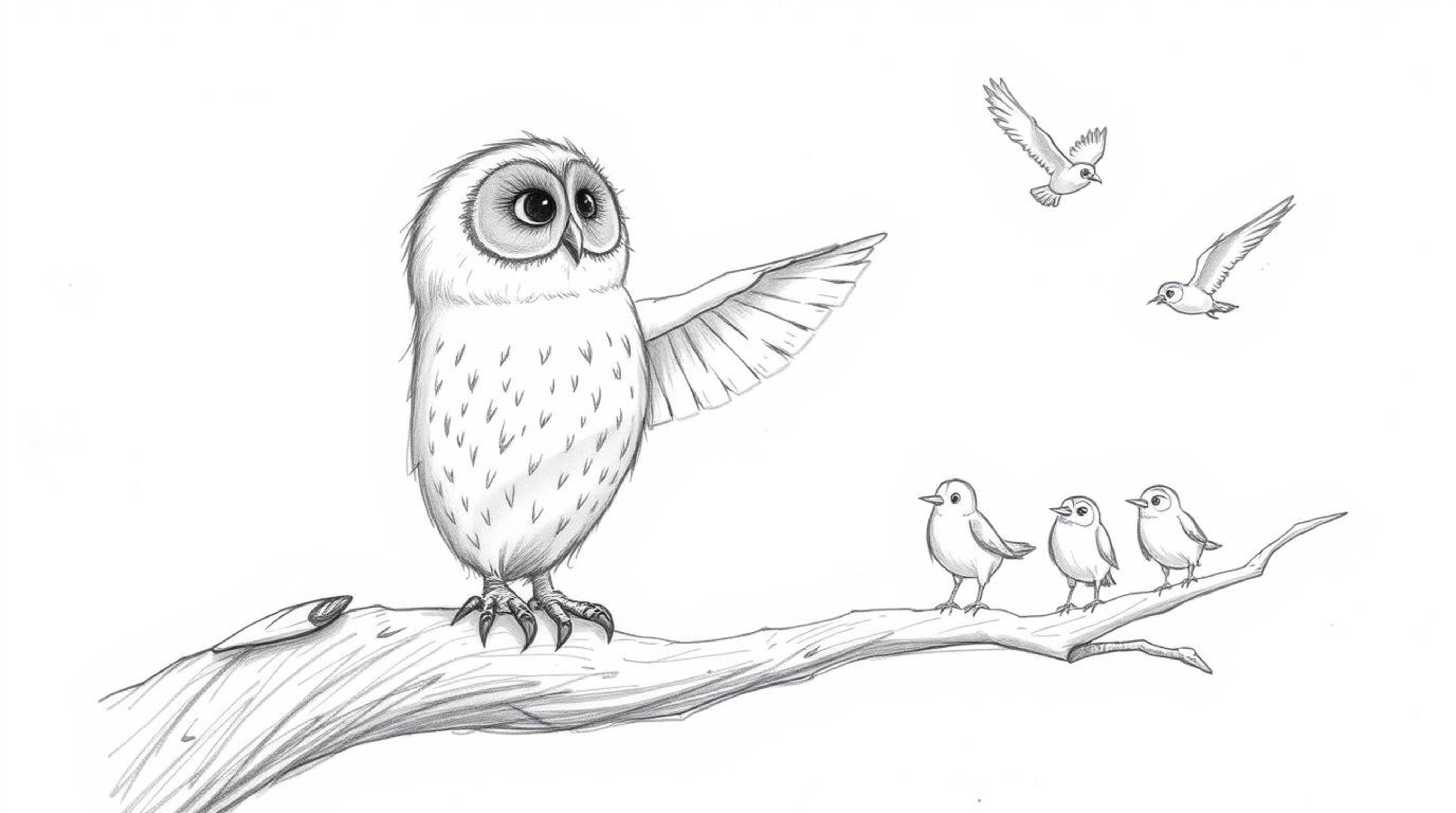 A heartwarming hand-drawn sketch in the style of Pixar portrays a blind owl with soft, feathery texture imparting the skill o