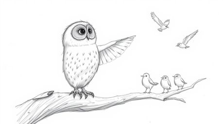 A heartwarming hand-drawn sketch in the style of Pixar portrays a blind owl with soft, feathery texture imparting the skill o