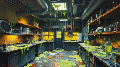 This artwork depicts a classic oil painting of a slime-covered science lab, rendered with intense dramatic lighting and high 