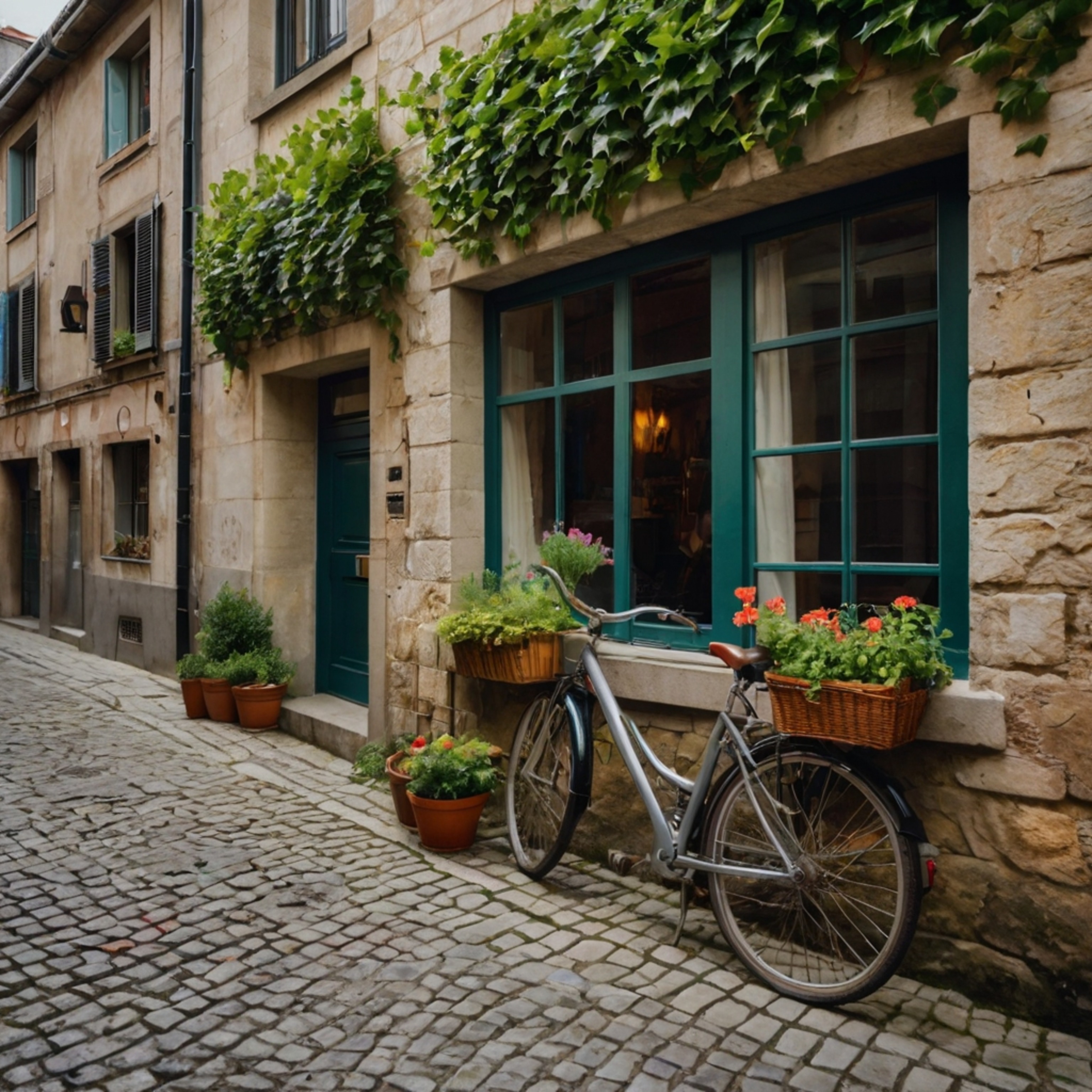 This image captures the charm of a quaint European alleyway.  Ivy climbs the weathered stone walls, adding a touch of rustic 