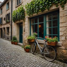 This image captures the charm of a quaint European alleyway.  Ivy climbs the weathered stone walls, adding a touch of rustic 
