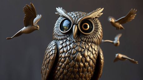 This cast bronze sculpture depicts a blind owl, rendered in a charming Pixar style, actively teaching birds how to fly. The a