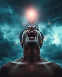 An ethereal stock photo depicting a person screaming amidst stormy skies and an intense, dramatic light aura. The image featu
