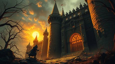 A thief navigates a heavily guarded castle in a dreamlike, surreal style bathed in a warm golden glow. The scene highlights f