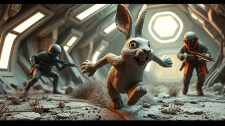 A massive scale sculptural clay artwork depicting a wacky rabbit humorously outrunning a hunter in a modern futuristic scene.