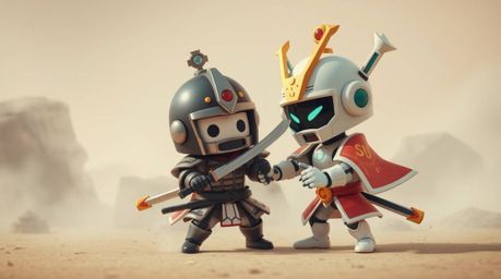 Immerse yourself in a charming and gentle dystopian world where an adorable samurai clashes with a cute robot. This artwork c