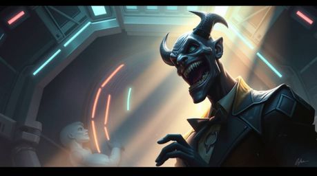 A humorous scene unfolds in a high-tech, futuristic lair where a villain experiences a funny breakdown, captured in a stunnin