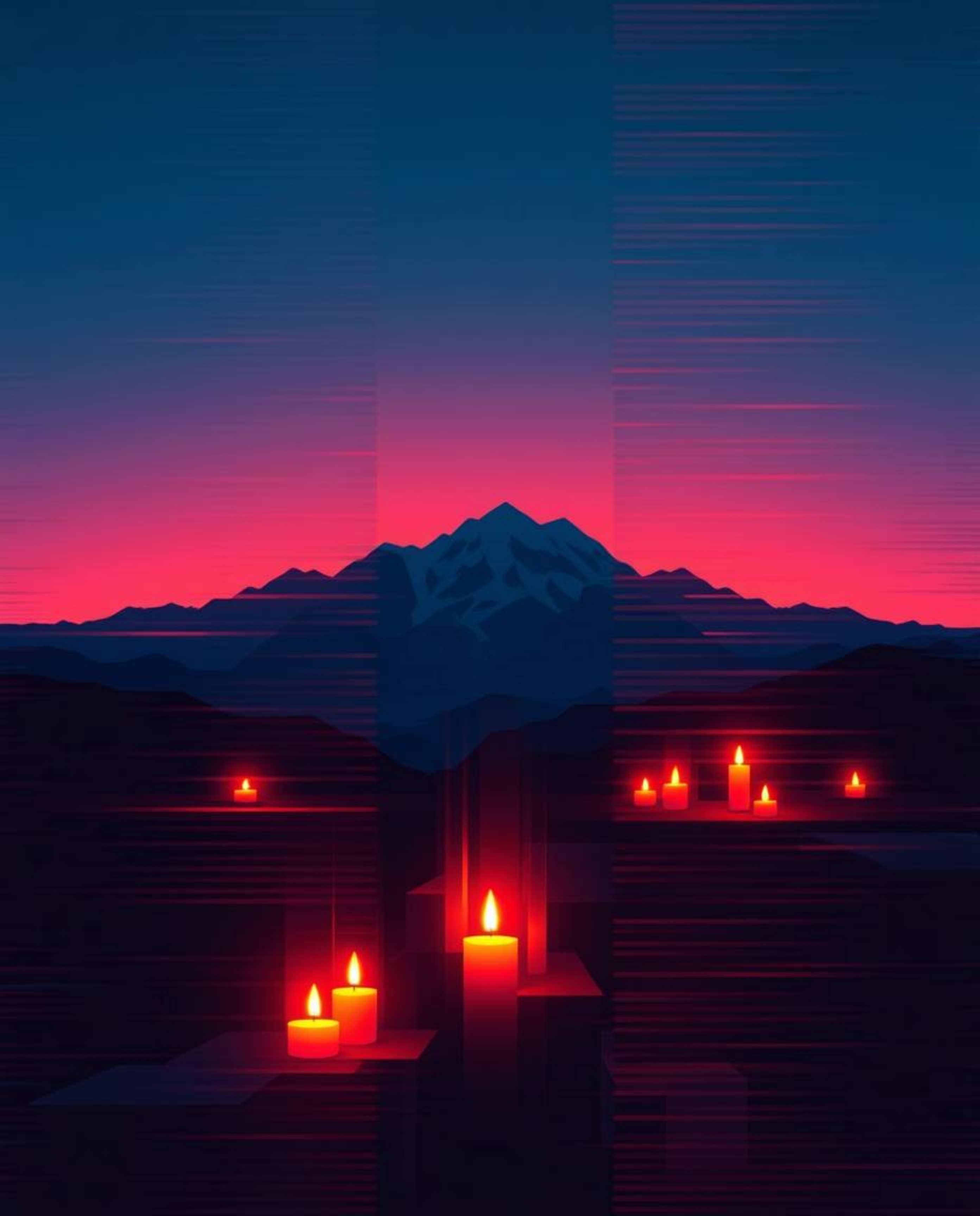 Experience a sophisticated digital glitch landscape breaking apart, rendered in rich burgundy and deep blue hues, illuminated