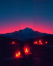Experience a sophisticated digital glitch landscape breaking apart, rendered in rich burgundy and deep blue hues, illuminated