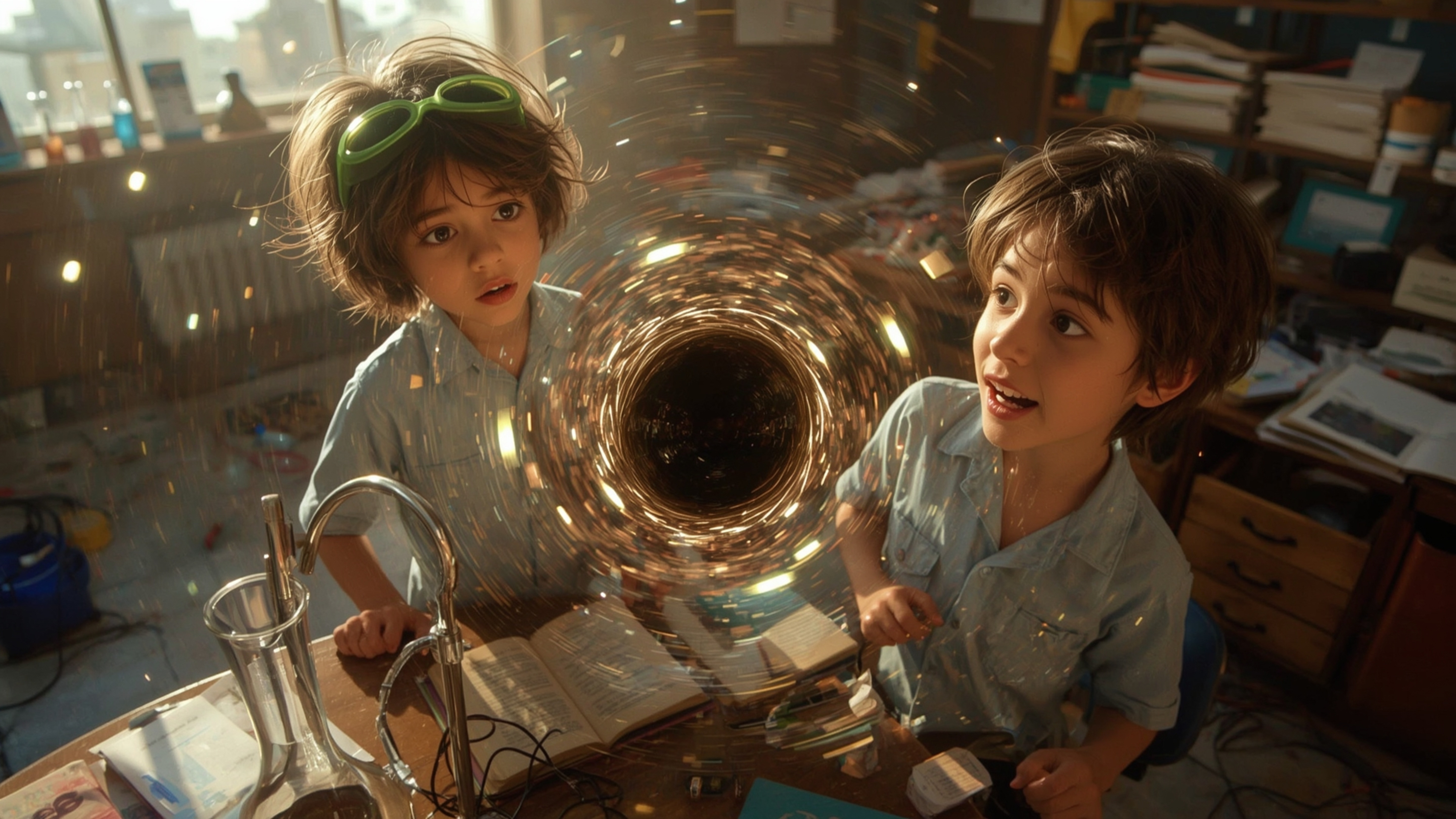 In a highly detailed, cinematic photograph reminiscent of Pixar's vibrant style, a dynamic duo of science fair students stand