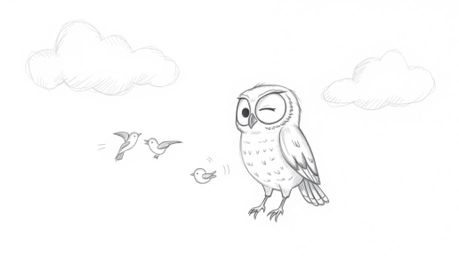 A heartwarming Pixar-style sketch depicts a blind owl with gentle features guiding small birds to take flight. The scene unfo