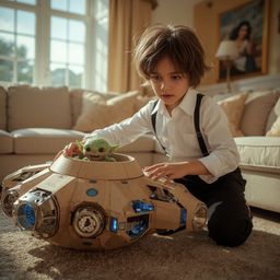 A young boy with a curious expression, dressed in elegant attire, meticulously builds an intricately designed cardboard space