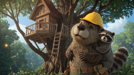 A highly detailed, high-resolution stock photo captures a beaver wearing a tiny carpenter's tool belt and a bright yellow har