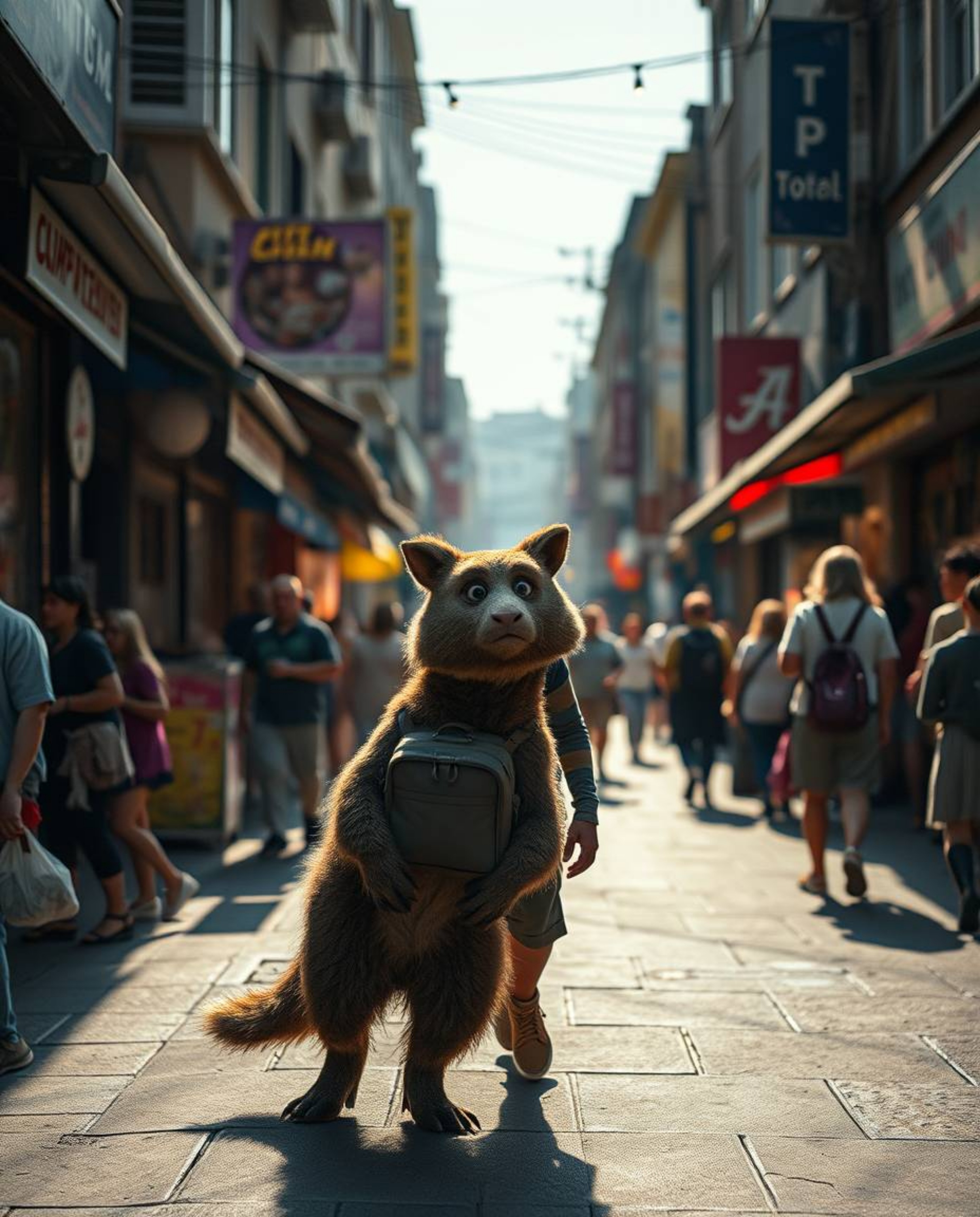 Capture the spontaneous charm of a hero and their talking animal sidekick on a vibrant urban adventure. This candid street ph