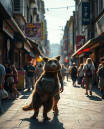 Capture the spontaneous charm of a hero and their talking animal sidekick on a vibrant urban adventure. This candid street ph