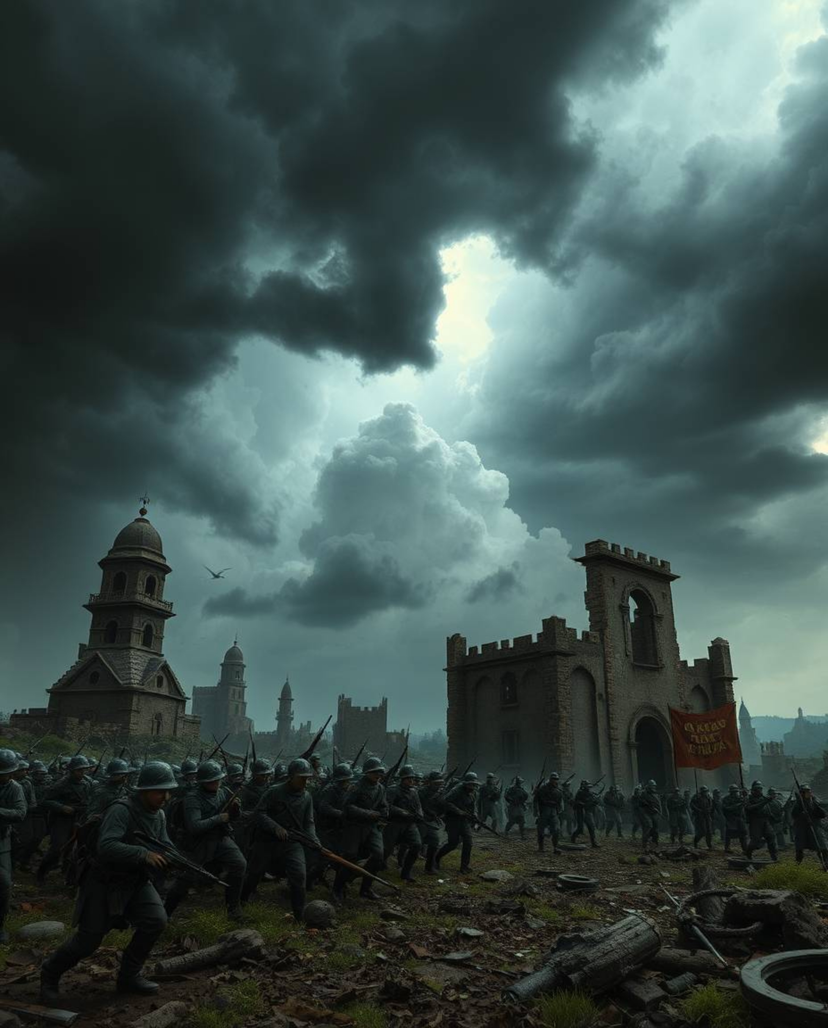 Experience a visual journey into a chaotic yet captivating battlefield where time-warped soldiers clash amidst crumbling buil