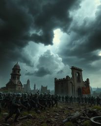 Experience a visual journey into a chaotic yet captivating battlefield where time-warped soldiers clash amidst crumbling buil