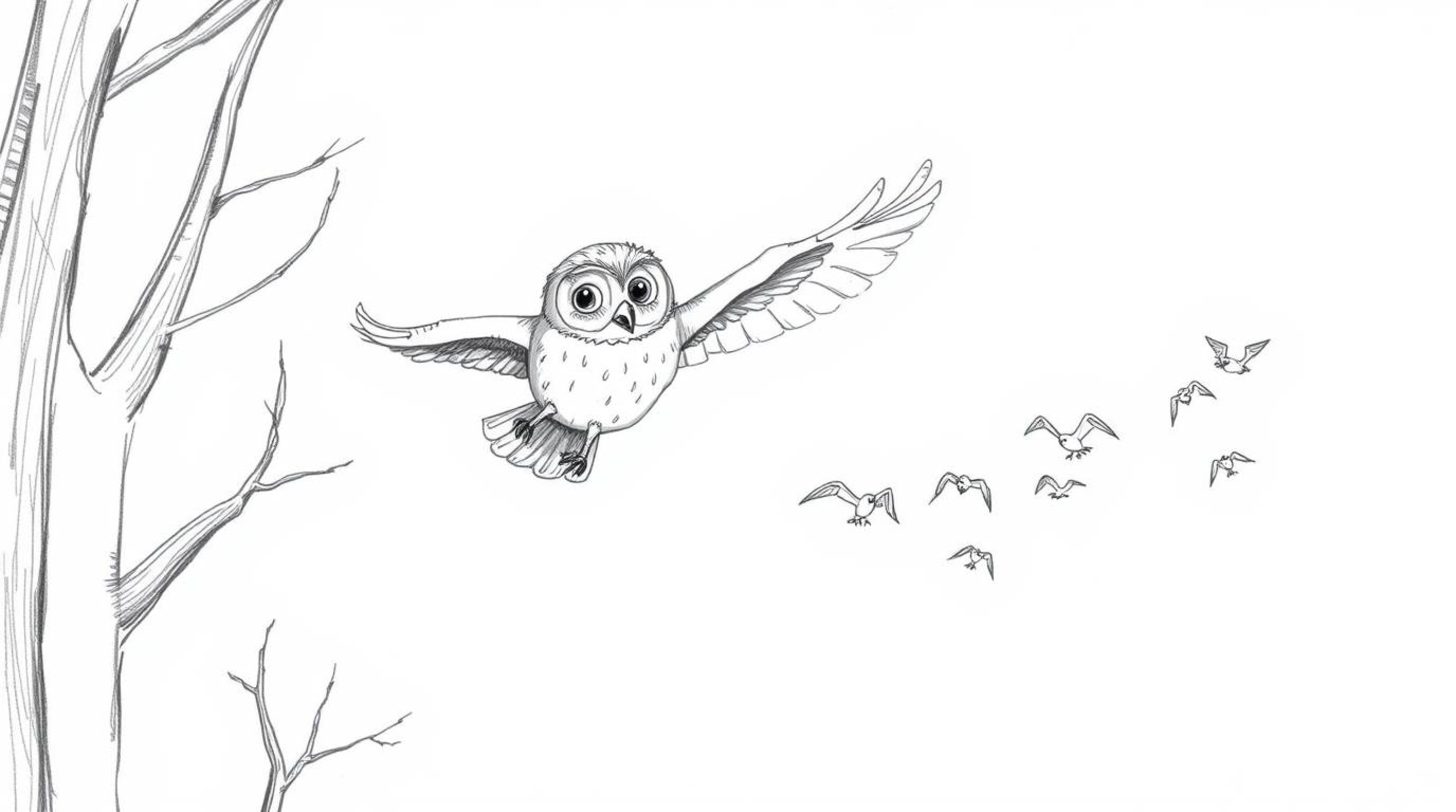 A whimsical hand-drawn sketch in the style of Pixar depicts a blind owl gracefully gliding between trees, leading a flock of 