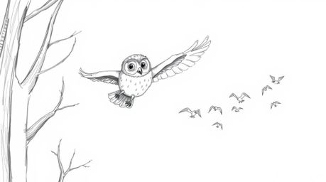 A whimsical hand-drawn sketch in the style of Pixar depicts a blind owl gracefully gliding between trees, leading a flock of 