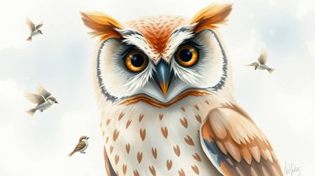 A delicate watercolor painting depicting a blind owl in a Pixar style, rendered with translucent washes and soft pastel color