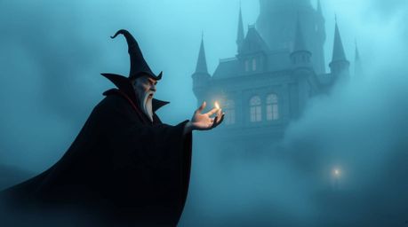 A classic Disney villain casts a powerful spell within the misty confines of an ancient castle. The scene is shrouded in thi